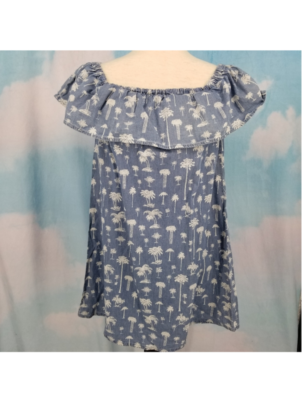 Love Fire Chambray Palm Print Dress Juniors Medium NWT Off Shoulder Ruffle Mini